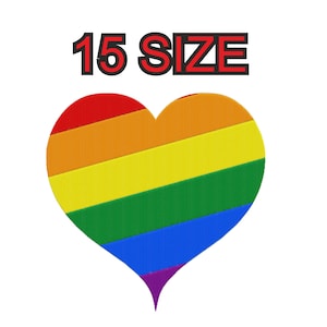 Peut inclure: Un cœur arc-en-ciel avec des rayures rouges, orange, jaunes, vertes, bleues et violettes. Le texte "15 SIZE" est au-dessus du cœur.