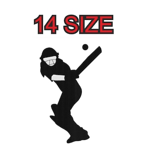 Könnte beinhalten: Silhouette eines Cricketspielers in Schlagposition, mit Helm und Schläger. Der Text "14 SIZE" befindet sich über dem Spieler.