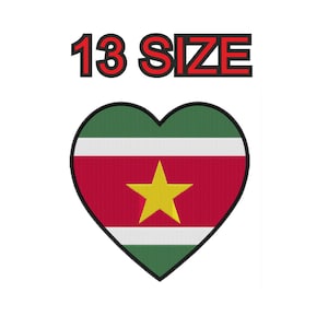 Peut inclure: Un patch en forme de cœur avec le drapeau du Suriname. Le drapeau est vert, blanc, rouge et jaune avec une étoile jaune au centre. Le texte "13 SIZE" est au-dessus du cœur.