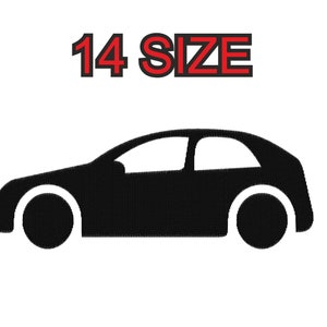 Peut inclure: Silhouette noire d'une voiture avec le texte "14 SIZE" en rouge au-dessus.