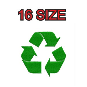 Puede incluir: Símbolo de reciclaje verde hecho de pequeños cuadrados verdes. El símbolo tiene la forma de tres flechas que forman un círculo. El texto "16 SIZE" está encima del símbolo.