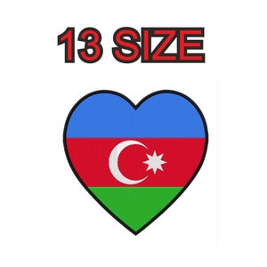 May include: A heart-shaped patch with the flag of Azerbaijan. The flag is blue, red, and green with a white crescent moon and star in the center. The text "13 SIZE" is above the heart.