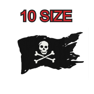 May include: Black and white pirate flag with a skull and crossbones design. The flag is tattered and torn, giving it a distressed look.