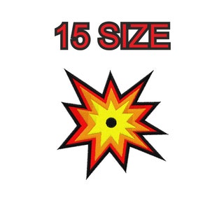 Peut inclure: Un patch brodé avec un motif en forme d'étoile éclatante en rouge et jaune. L'étoile éclatante a un centre noir et est bordée de noir. Le texte "15 SIZE" est au-dessus du patch.