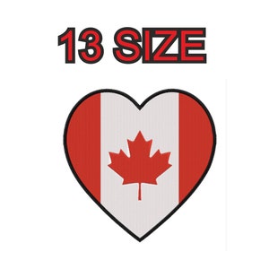 Peut inclure: Un cœur rouge avec un contour blanc, représentant le drapeau canadien à l'intérieur. Le drapeau a une feuille d'érable rouge sur fond blanc avec des bandes rouges sur les côtés. Le texte "13 SIZE" est au-dessus du cœur.