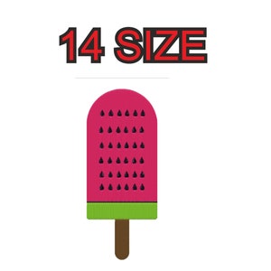 Peut inclure: Une sucette glacée à la pastèque avec un bâton vert et marron. La sucette est rouge avec des graines noires et le texte "14 SIZE" est au-dessus de la sucette.