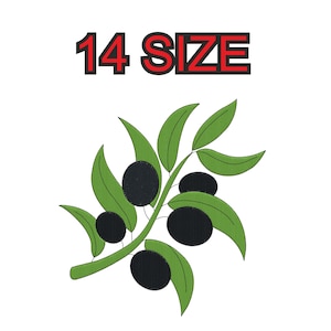 Peut inclure: Une branche d'olivier verte avec cinq olives noires. Le texte "14 SIZE" est au-dessus de la branche.