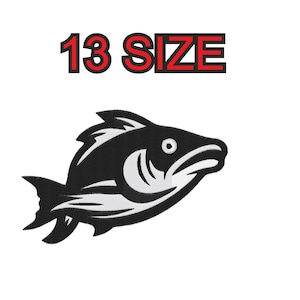 May include: Black and white stylized illustration of a fish. The image includes the text "13 SIZE" in red.