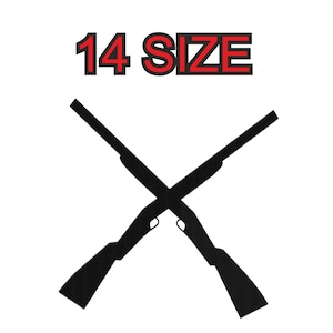 May include: A black silhouette of two crossed shotguns with the text "14 SIZE" in red above them.