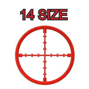 Peut inclure: Cible rouge avec un réticule au centre. La cible a 14 size écrit au-dessus.