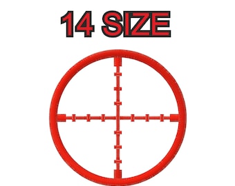May include: Red target with a crosshair in the center. The target has 14 size written above it.