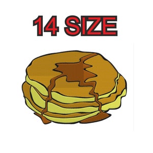Peut inclure: Une pile de quatre crêpes brunes et jaunes avec un filet de sirop brun. Le texte "14 SIZE" est au-dessus des crêpes.