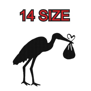 Embroidery design stork baby Multiple size silhouette patch instant download files patterns digital machine stitch  mini maxi little pes dst