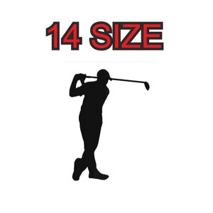 Peut inclure: Silhouette d'un golfeur en train de frapper une balle de golf. Le texte "14 SIZE" est au-dessus du golfeur.