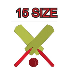 May include: Two crossed wooden cricket bats with red handles and a red cricket ball in the center. The text "15 SIZE" is above the bats.