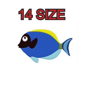 Peut inclure: Un poisson bleu et jaune avec un œil noir et une nageoire noire. Le poisson est tourné vers la gauche et a une bande jaune sur le dos. Le texte "14 SIZE" est au-dessus du poisson.