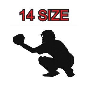 May include: Black silhouette of a baseball catcher in a crouching position, wearing a catcher's mask and holding a baseball mitt. The text "14 SIZE" is above the image.