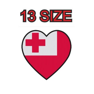 May include: A red heart with a white cross and red stripe, representing the flag of Tonga. The heart is outlined in black. The text "13 SIZE" is above the heart.