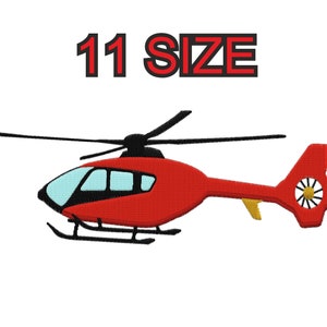 May include: Red helicopter with black blades and a white window. The helicopter has a yellow tail and a black propeller. The text "11 SIZE" is above the helicopter.