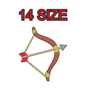 Peut inclure: Un arc et une flèche brun et jaune avec un empennage rouge. La flèche est pointée vers la droite. Le texte "14 SIZE" est au-dessus de l'arc et de la flèche.