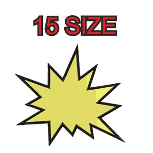 Könnte beinhalten: Ein gelber Stern mit schwarzem Umriss. Der Text "15 SIZE" befindet sich über dem Stern.