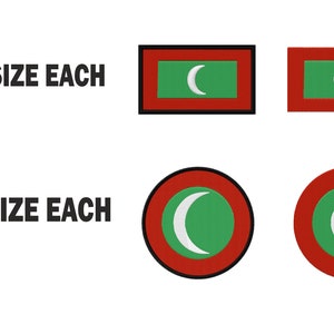 May include: Six different sizes of Maldivian flag patches, each with a white crescent moon on a green background, surrounded by a red border. Five different sizes of Maldivian flag patches, each with a white crescent moon on a green background, surrounded by a red border.