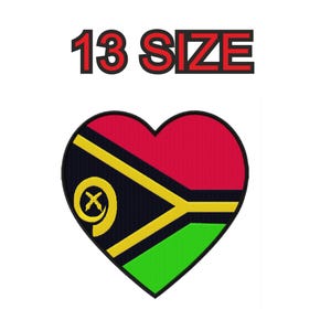 Peut inclure: Un design en forme de cœur rouge, noir et vert avec le drapeau du Vanuatu. Le texte "13 SIZE" est au-dessus du cœur.