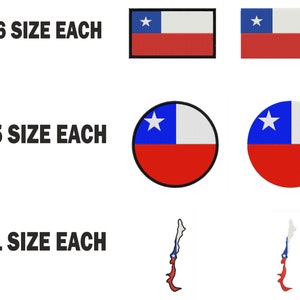 Könnte beinhalten: Eine Sammlung von aufgestickten Aufnähern mit der chilenischen Flagge und einer Karte von Chile. Die Aufnäher sind rechteckig, kreisförmig und umrissen. Die Flaggenaufnäher haben einen weißen Stern auf einem blauen Quadrat mit weißem und rotem Hintergrund. Der Text "6 SIZE EACH", "5 SIZE EACH" und "1 SIZE EACH" ist ebenfalls vorhanden.
