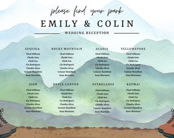 National Parks Customizable Wedding Seating Chart Template (Mountain Seating Chart, Mountain Table Numbers, Forest Lake Wedding Template)