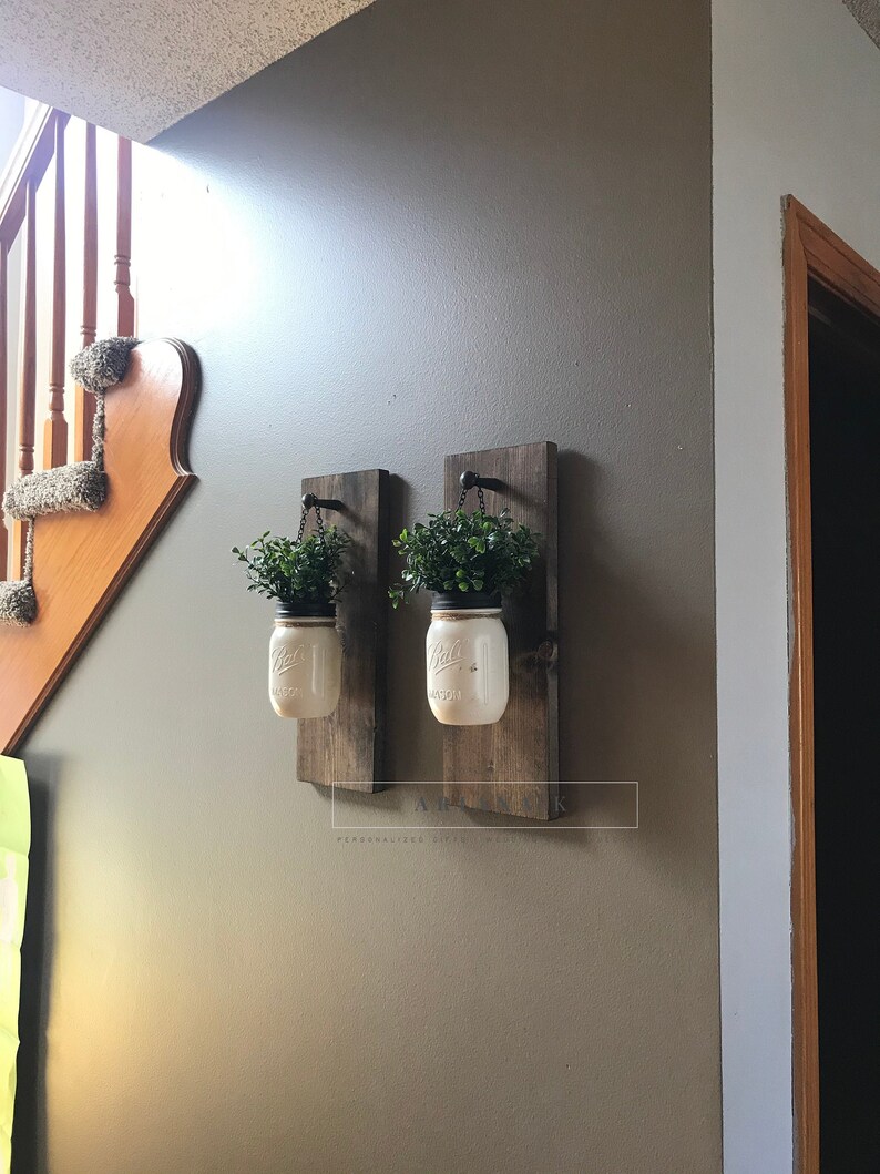 Hanging Mason Jar Wall Sconce Mason Jar Sconce With Greenery Etsy