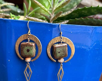 Boho Dangle Earrings- Crescent with Ceramic + Dzi Stone