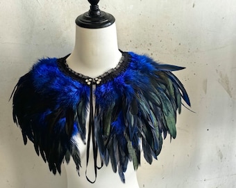 Deluxe  Royal Blue Feather Stripe Collar or Cape, Fantasy Feather Collar for Events, Costume, Carnival Cosplay