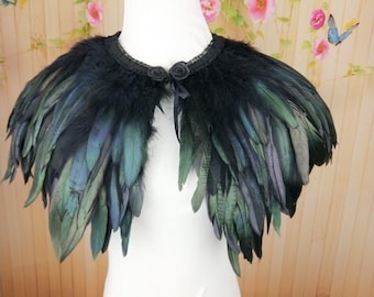 Collar o capa de plumas negras natrual de lujo, collar de plumas de fantasía para eventos, disfraz, cosplay de carnaval