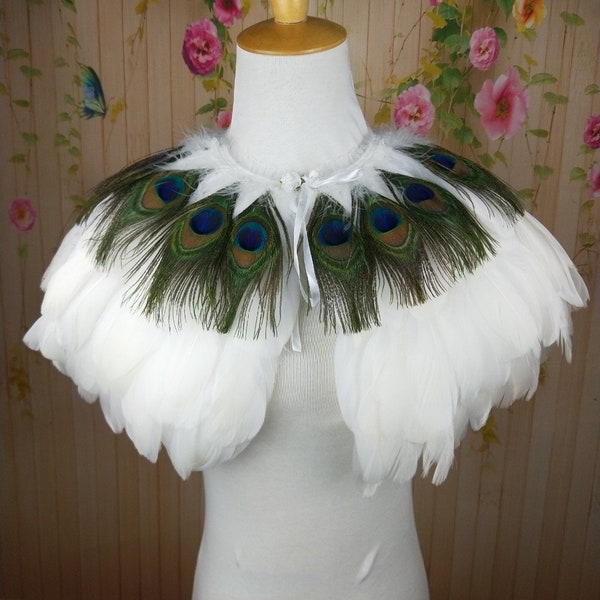 Deluxe White&peacock eye Feather Collar or Cape, Fantasy Feather Collar for Events, Costume, Carnival Cosplay