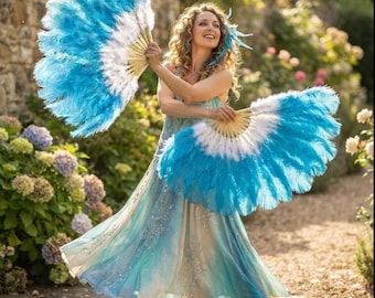 Large Ostrich Feather Fan for Burlesque Stage Performance, Wedding Bride & Photo Prop, Large Party Hand Fan (32" x 18")