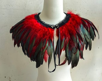 Deluxe Black&red Feather Collar or Cape, Fantasy Feather Collar for Events, Costume, Carnival Cosplay