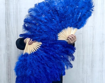 May include: Two large, vibrant blue feather fans. The fans are held open, showcasing the dense, fluffy feathers. The handles are made of light-colored wood, providing a contrast to the bold blue. The fans are likely used for performance or decoration.