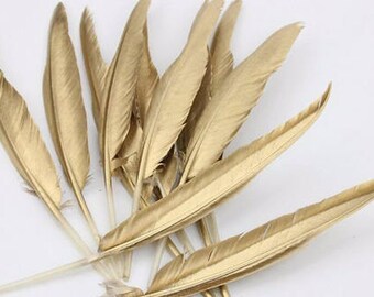 60PCS GOLD feathers metallic gold painted real Turkey feathers loose for millinery, wedding party table decor / 10-12 in (25-30 cm) long