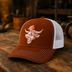 Longhorn Embroidered Trucker Hat | Burnt Orange Western Snapback Cap
