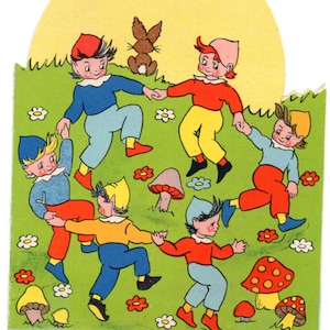 May include: A vintage illustration depicts six dancing figures in colorful outfits, holding hands in a circle. The figures are surrounded by mushrooms, flowers, and a brown rabbit, set against a yellow sun and green background.
