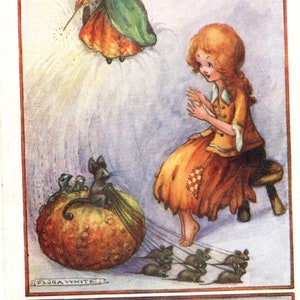 Cartolina d'arte vintage di Cenerentola, illustrazione flora bianca, infanzia, zucca, fiaba, libro di fiabe, arte fantasy, ragazza con i capelli color zenzero