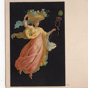 Ancienne carte postale nymphe et prêtresse baccante - glamour, fête, robe rose, mythologie, femme mythique, folklore, noir et rose
