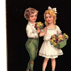 Antigo cartão postal de arte para meninas e meninos, crianças, estilo recortado, jovem casal, amor, amizade, irmãos, querido, pequena imagem para enquadrar