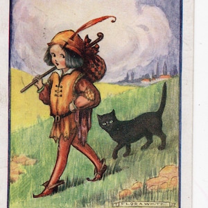 Cartolina d'epoca di Flora White - gatto nero, filastrocche, Dick Whittington, favola, immagine per bambini, arte d'epoca per bambini