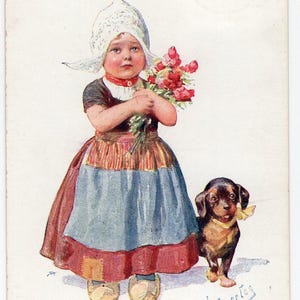 Antica cartolina d'arte di compleanno K Feiertag - piccola ragazza olandese e cane salsiccia, simpatico bassotto, tulipani, geburtstag, artista firmato, ingranaggi