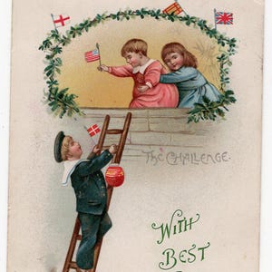 Postal antigua de un marinero de la Primera Guerra Mundial: Dinamarca, bandera danesa, aliados, niños adorables, viñeta.