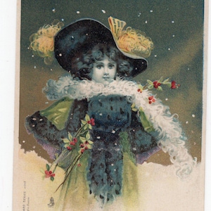 Antique Art Nouveau glamour postcard - Raphael Tuck connoisseur series, gold embossed party invitation, Art Nouveau, gold, winter fashion