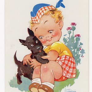 Antike Agnes Richardson Geburtstag Scottie Scotty Hund Postkarte - kleiner Junge in Tam O'Shanter, Kunst, Tiere, Scottish Terrier