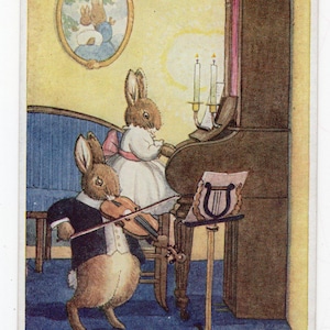 carte postale vintage d'art de lapins Margaret Tempest - Le duo, lapins anthropomorphes, musiciens, piano, violon, joli couple, Société des Médicis