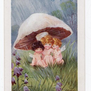 Antike Marsh Lambert Künstler Postkarte - Osterkarte, Feenbabys, Regentag, Fliegenpilz, Feenillustration, Faulkner & Co